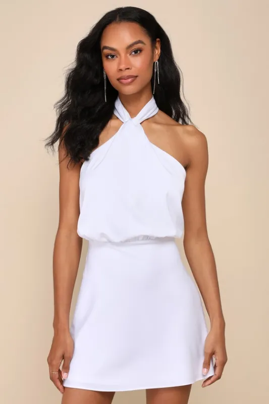 Sleek Essence White Satin Halter Sleeveless Mini Dress sold by Lulus