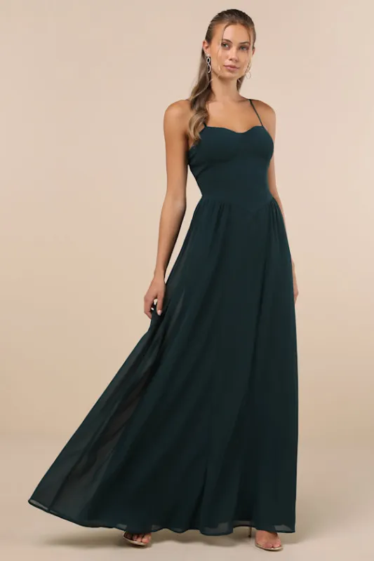 Exuding Excellence Dark Teal Sleeveless Bustier Maxi Dress sold by Lulus