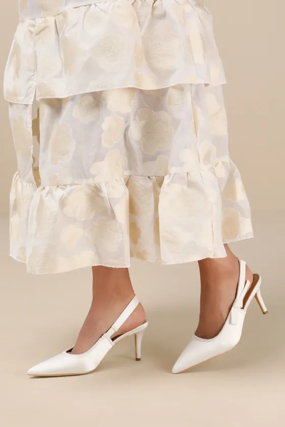 Ancolie White Satin Bow Pointed-Toe Slingback Pumps sold by Lulus