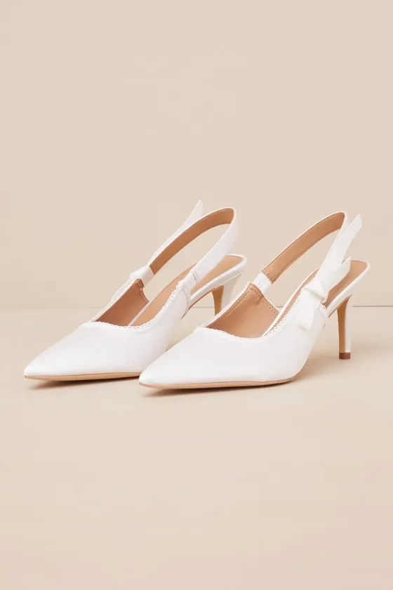 Ancolie White Satin Bow Pointed-Toe Slingback Pumps sold by Lulus product image thumbnail 2