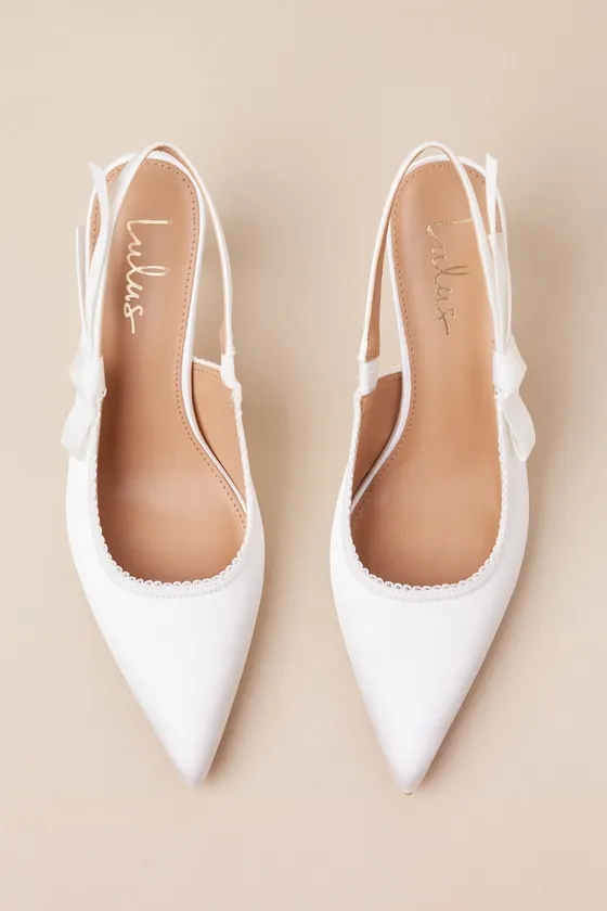 Ancolie White Satin Bow Pointed-Toe Slingback Pumps sold by Lulus product image thumbnail 3