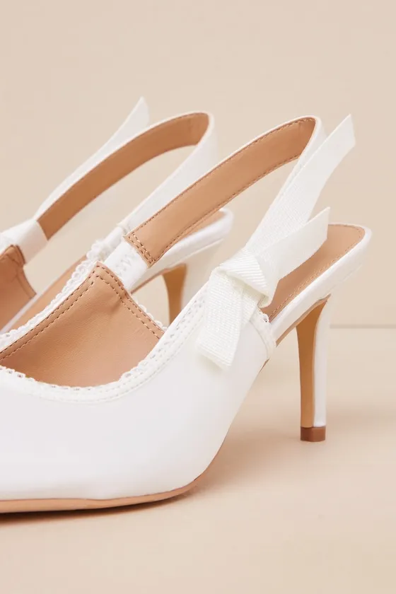 Ancolie White Satin Bow Pointed-Toe Slingback Pumps sold by Lulus product image thumbnail 4