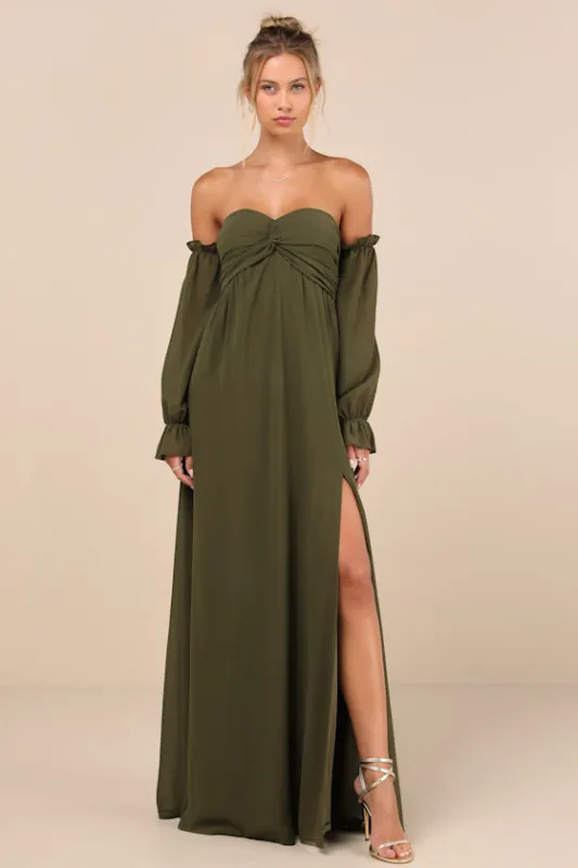 Glorious Invite Olive Green Knotted Off-the-Shoulder Maxi Dress made by Lulus