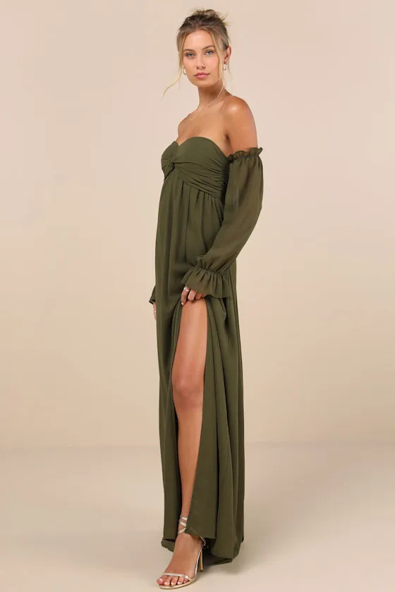 Glorious Invite Olive Green Knotted Off-the-Shoulder Maxi Dress sold by Lulus product image thumbnail 3