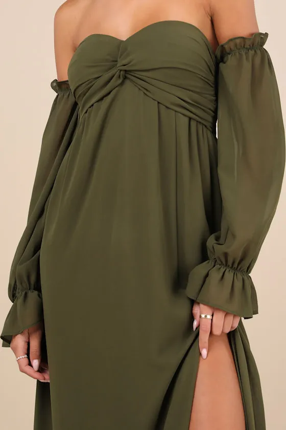 Glorious Invite Olive Green Knotted Off-the-Shoulder Maxi Dress sold by Lulus product image thumbnail 4