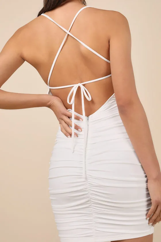 Confident Allure White Ruched Lace-Up Bodycon Mini Dress sold by Lulus product image thumbnail 4