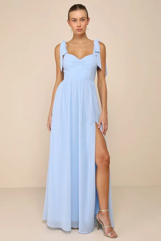 Radiant Charisma Light Blue Chiffon Ruched Tie-Strap Maxi Dress sold by Lulus