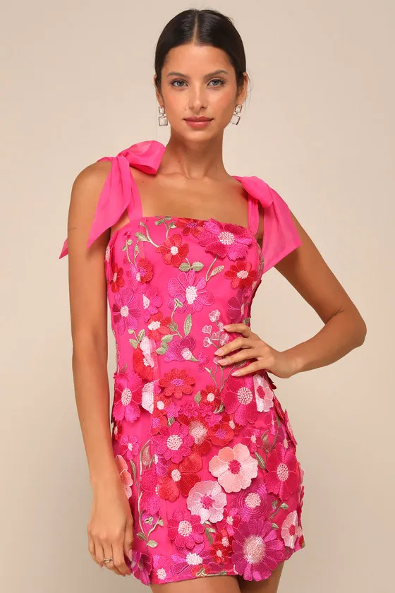 Emphatically Adorable Hot Pink Floral Tie-Strap Mini Dress sold by Lulus
