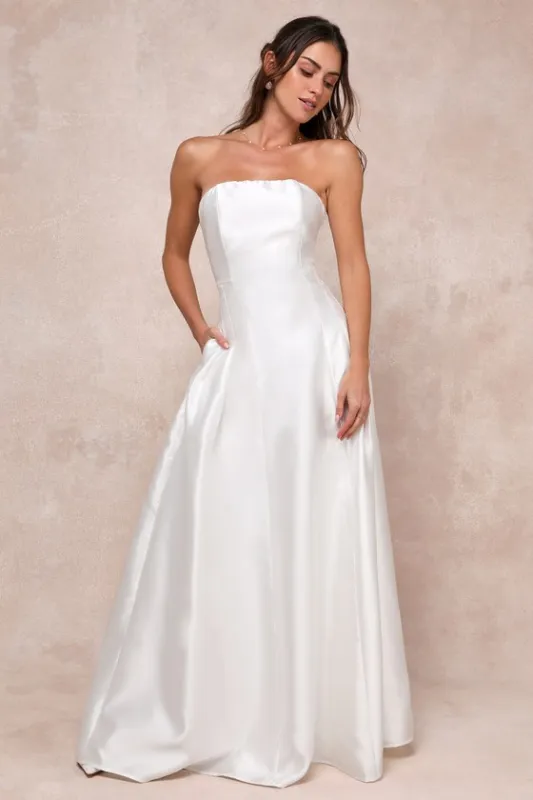 Pristine Love White Taffeta Strapless Maxi Dress With Pockets sold by Lulus