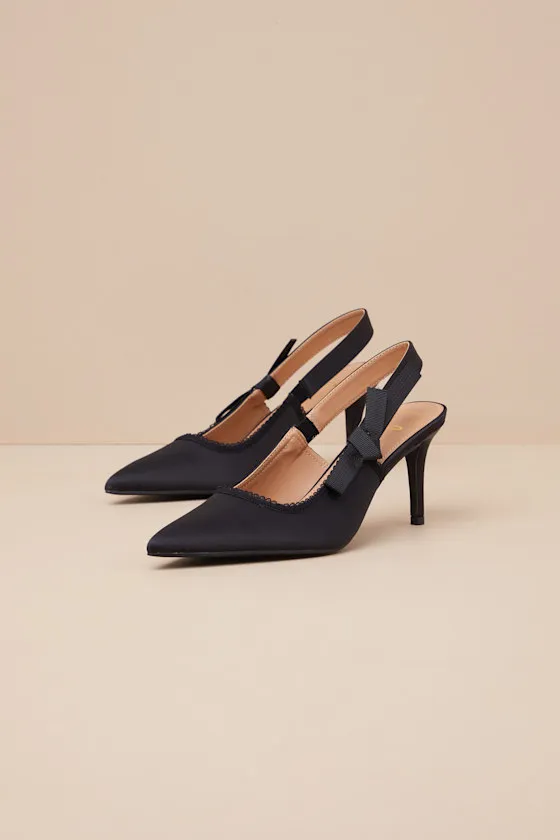 Ancolie Black Satin Bow Pointed-Toe Slingback Pumps sold by Lulus