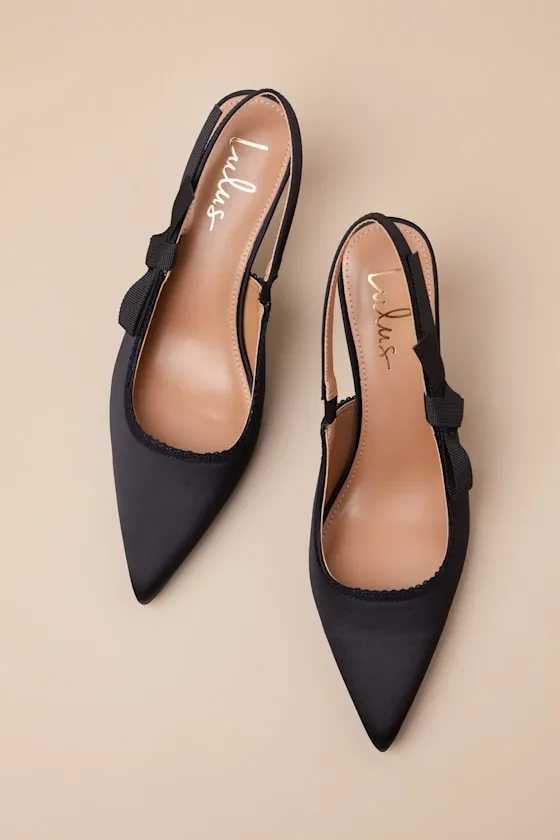 Ancolie Black Satin Bow Pointed-Toe Slingback Pumps sold by Lulus product image thumbnail 2