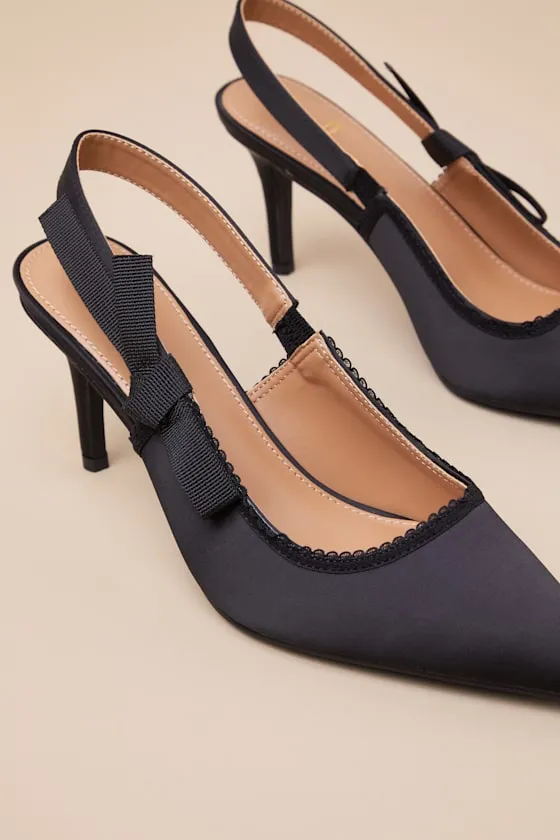 Ancolie Black Satin Bow Pointed-Toe Slingback Pumps sold by Lulus product image thumbnail 4