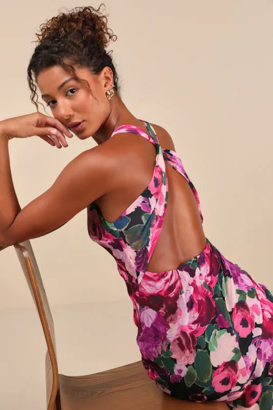 Delight in Elegance Pink Multi Floral Halter Cutout Midi Dress sold by Lulus