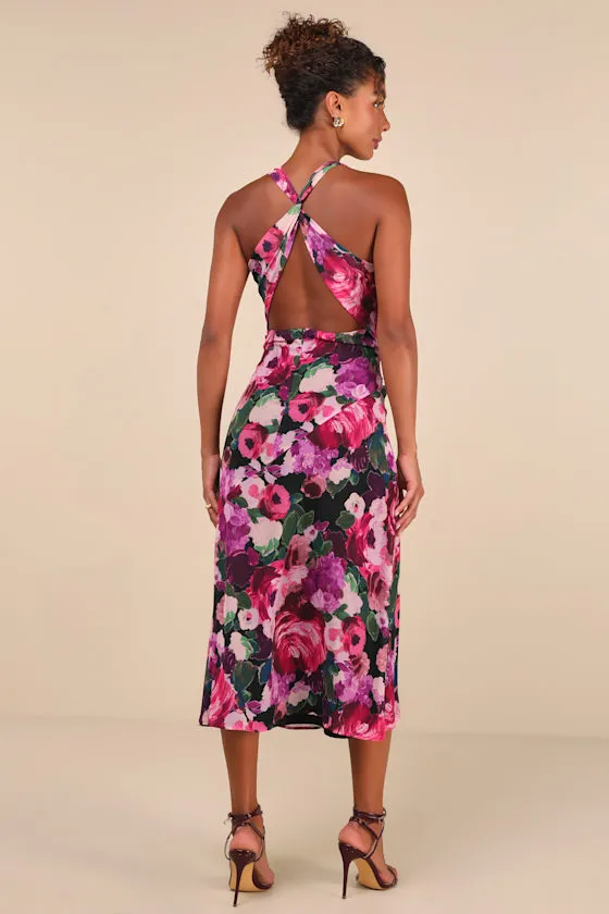 Delight in Elegance Pink Multi Floral Halter Cutout Midi Dress sold by Lulus product image thumbnail 4