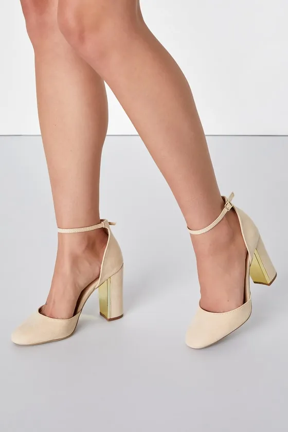 Laura Light Nude Suede Ankle Strap Heels sold by Lulus