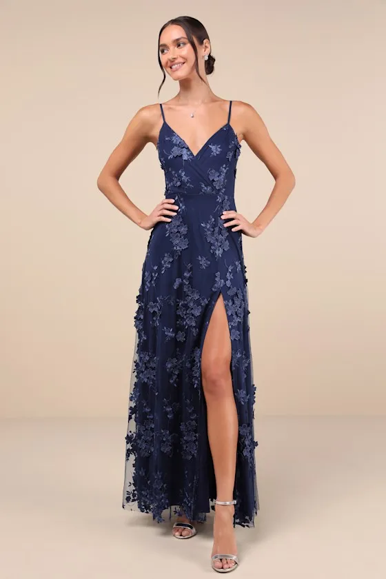 Rare Presence Navy Blue 3D Floral Surplice Maxi Dress sold by Lulus