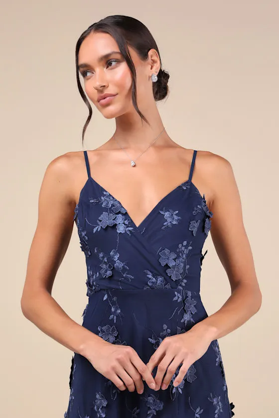 Rare Presence Navy Blue 3D Floral Surplice Maxi Dress sold by Lulus product image thumbnail 3