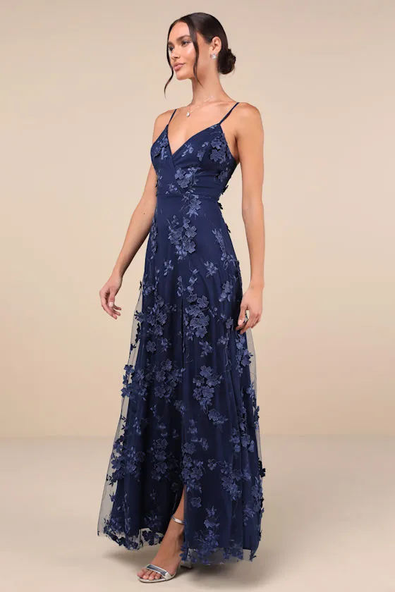 Rare Presence Navy Blue 3D Floral Surplice Maxi Dress sold by Lulus product image thumbnail 4