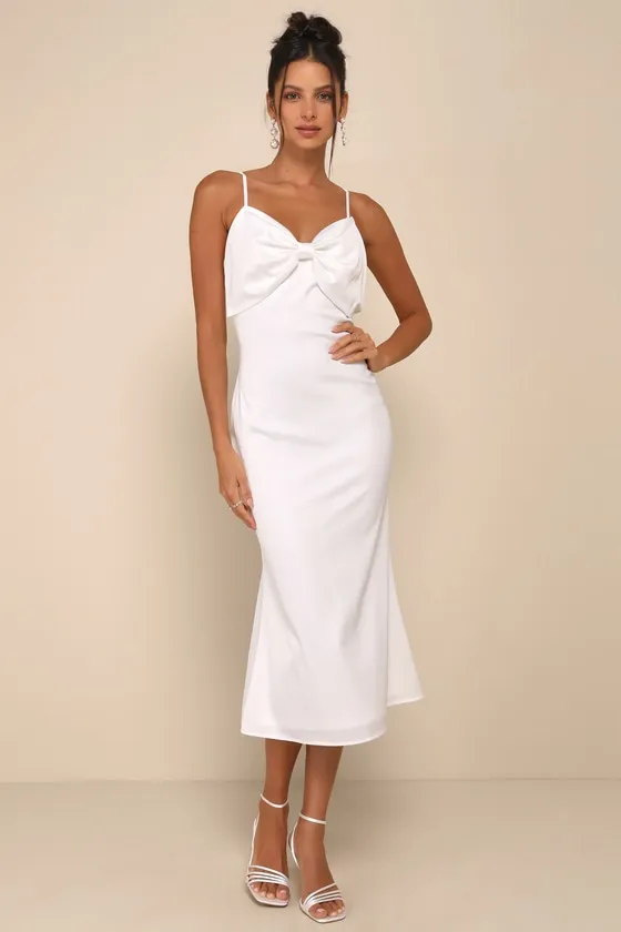 Extravagantly Sleek White Satin Sleeveless Bow Midi Dress sold by Lulus