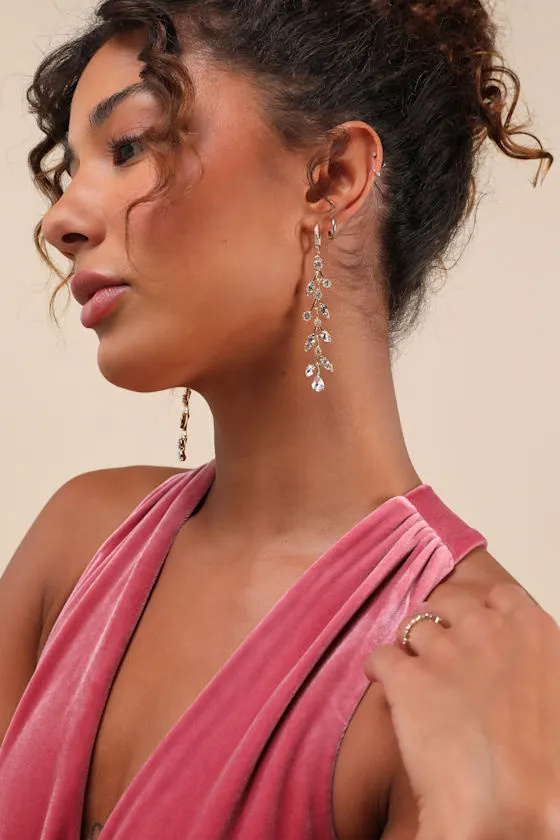 Flourishing Sensation Gold Rhinestone Leaf Drop Earrings sold by Lulus