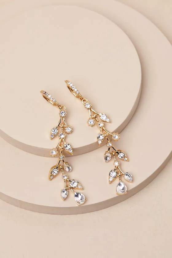 Flourishing Sensation Gold Rhinestone Leaf Drop Earrings sold by Lulus product image thumbnail 2