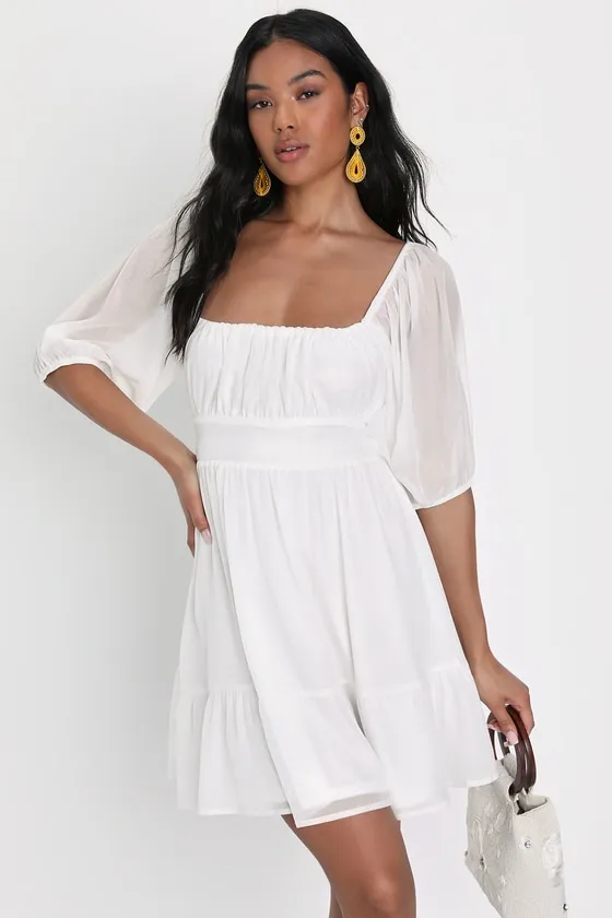 Ethereal Arrival White Puff Sleeve Tie-Back Chiffon Mini Dress sold by Lulus product image thumbnail 2