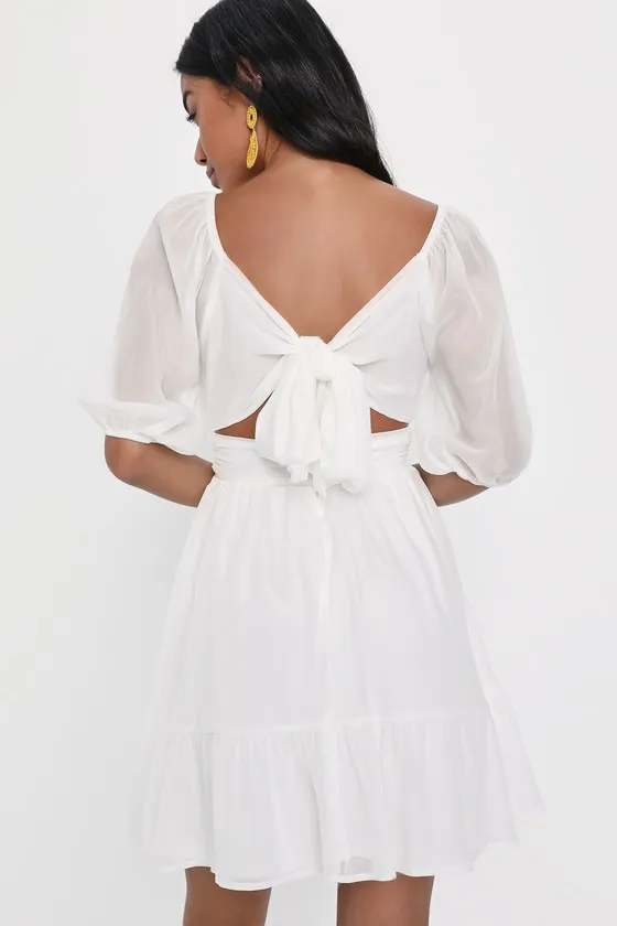 Ethereal Arrival White Puff Sleeve Tie-Back Chiffon Mini Dress sold by Lulus product image thumbnail 3
