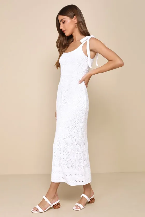 Adorable Darling White Crochet Tie-Strap Midi Dress sold by Lulus