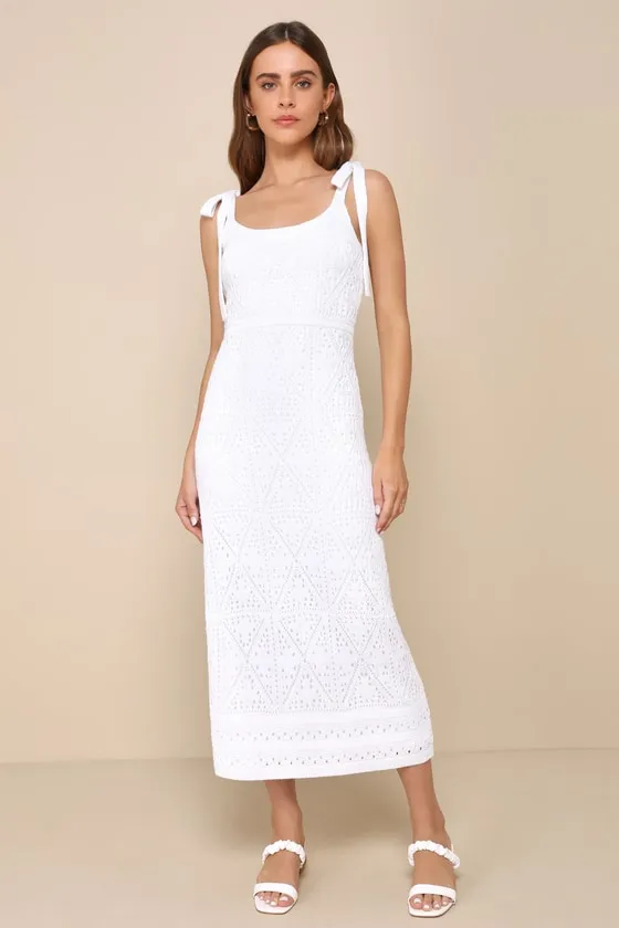 Adorable Darling White Crochet Tie-Strap Midi Dress sold by Lulus product image thumbnail 4