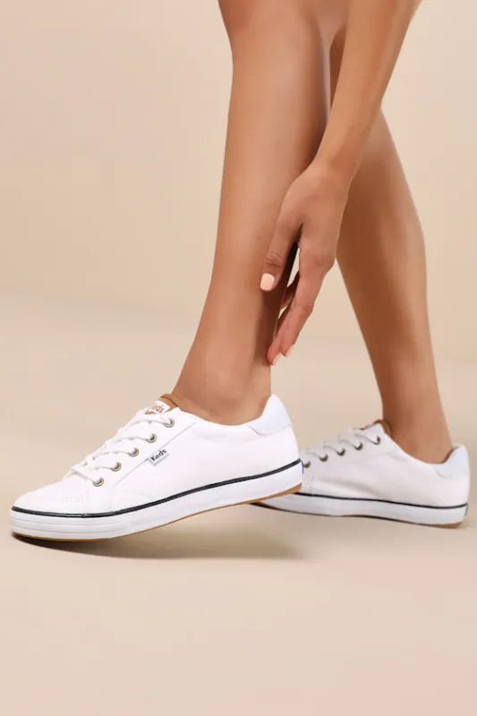Center III White and Navy Canvas Lace-Up Sneakers sold by Lulus