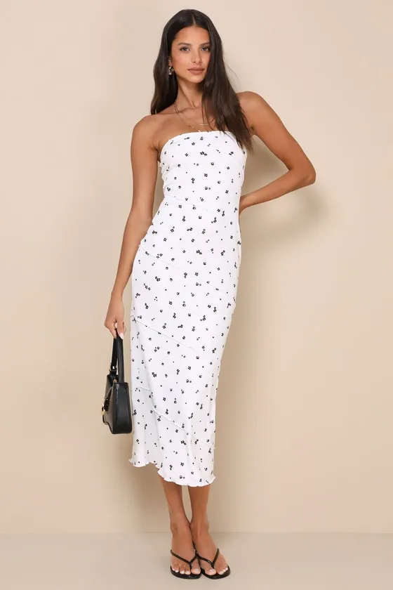 Summery Spirit Ivory Floral Ribbed Strapless Midi Dress sold by Lulus
