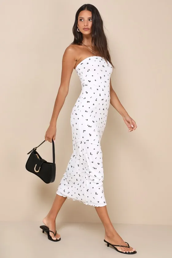 Summery Spirit Ivory Floral Ribbed Strapless Midi Dress sold by Lulus product image thumbnail 3