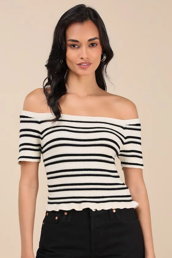 Erela Cream and Black Striped Off-the-Shoulder Sweater Top sold by Lulus