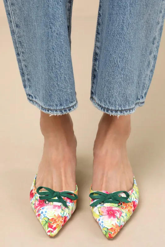 Rosalyne Floral Pointed-Toe Kitten Heel Mule Pumps sold by Lulus