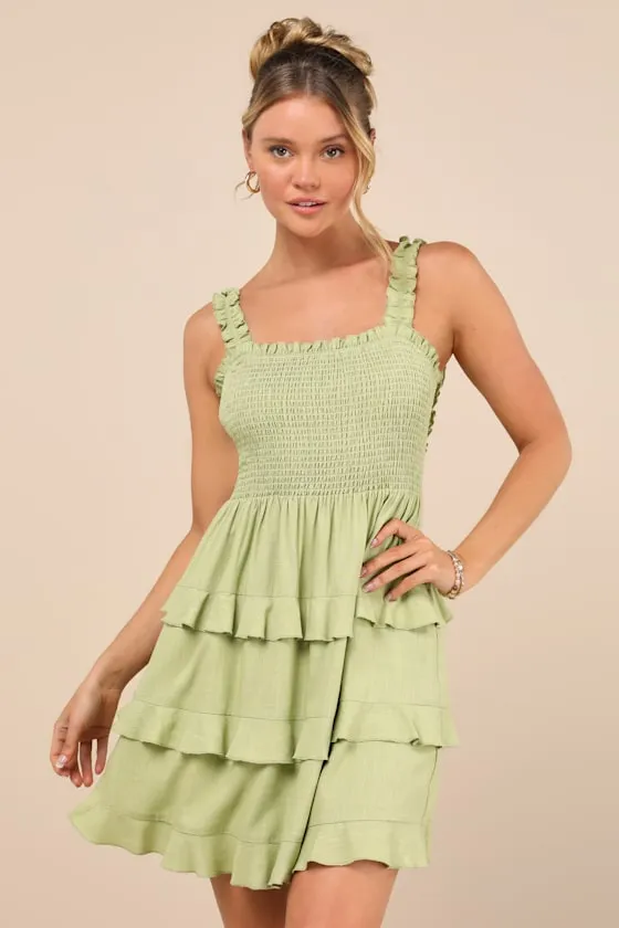 Super Sweet Lime Green Smocked Ruffled Tie-Back Mini Dress sold by Lulus
