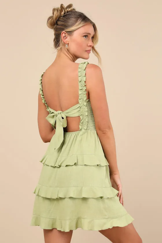 Super Sweet Lime Green Smocked Ruffled Tie-Back Mini Dress sold by Lulus product image thumbnail 2