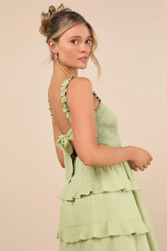 Super Sweet Lime Green Smocked Ruffled Tie-Back Mini Dress sold by Lulus product image thumbnail 4