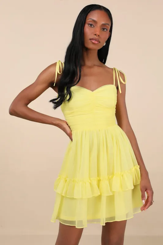 Angelic Approach Yellow Chiffon Ruffled Tie-Strap Mini Dress sold by Lulus
