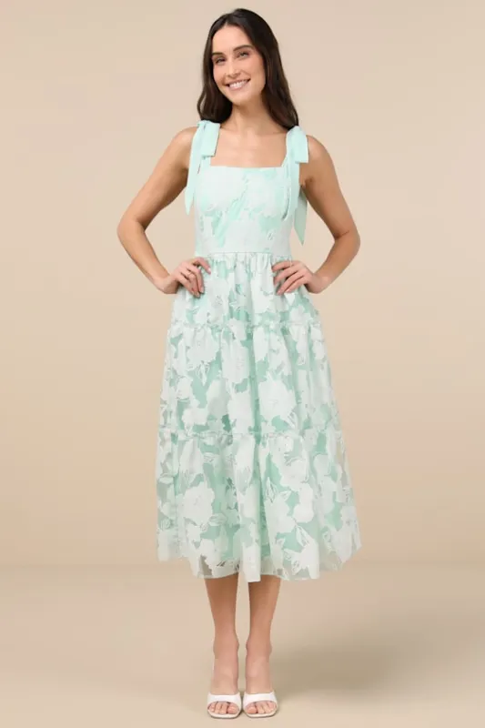 Proof of Perfection Mint Green Floral Tiered Tie-Strap Midi Dres sold by Lulus