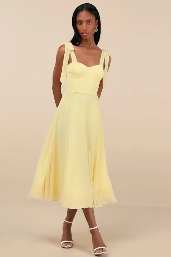Sophisticated Charisma Light Yellow Tie-Strap A-Line Midi Dress sold by Lulus