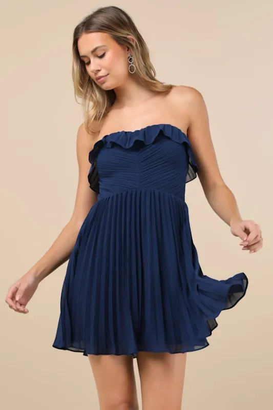 Always Remarkable Navy Blue Pleated Mini Dress sold by Lulus