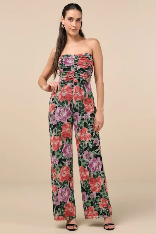 Layka Black Multi Floral Mesh Wide-Leg Jumpsuit sold by Lulus