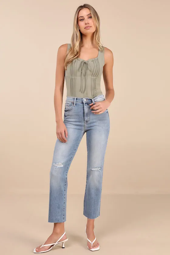 Karely Light Wash Denim High-Rise Distressed Mom Jeans sold by Lulus