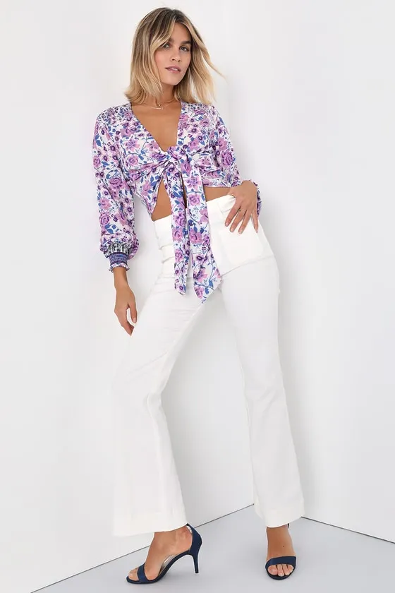 Blooming With Style Ivory Floral Tie-Front Long Sleeve Crop Top sold by Lulus product image thumbnail 3