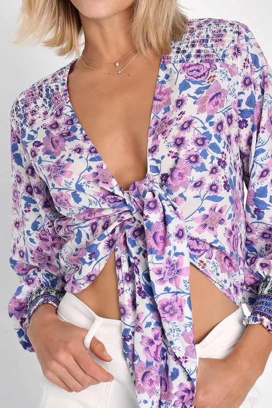 Blooming With Style Ivory Floral Tie-Front Long Sleeve Crop Top sold by Lulus product image thumbnail 4