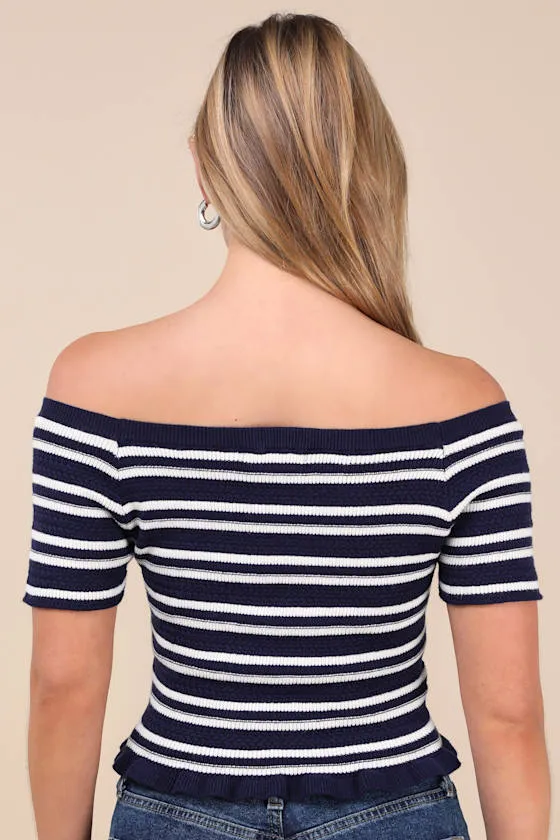 Erela Navy and Ivory Striped Off-the-Shoulder Sweater Top sold by Lulus product image thumbnail 2