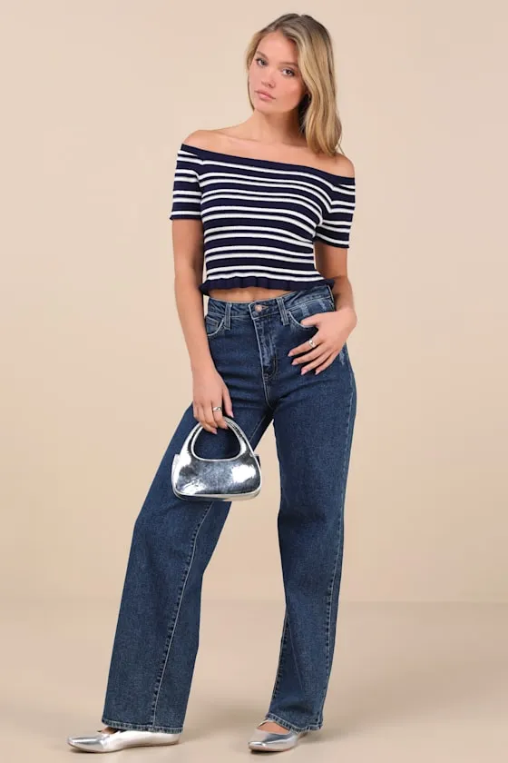 Erela Navy and Ivory Striped Off-the-Shoulder Sweater Top sold by Lulus product image thumbnail 3
