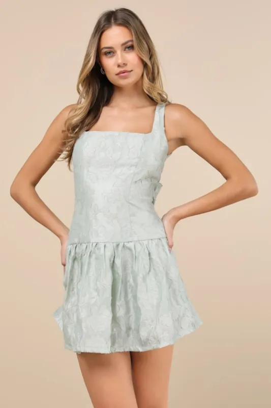Exuberant Elegance Light Mint Jacquard Drop Waist Mini Dress sold by Lulus
