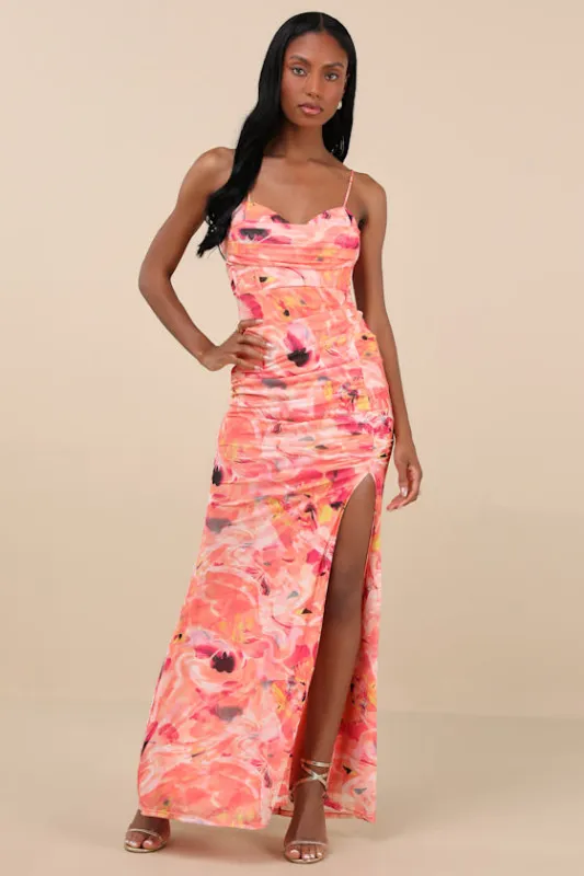 Stunning Wonder Orange Floral Mesh Bustier Mermaid Maxi Dress sold by Lulus