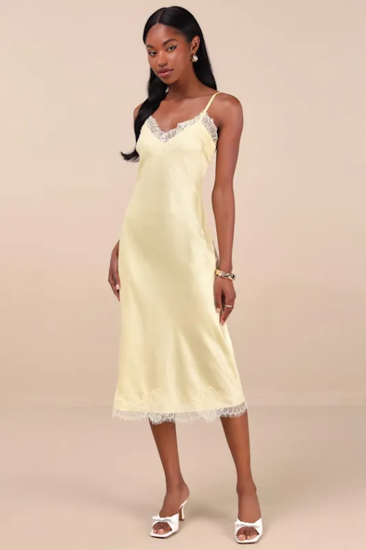 Raenne Light Yellow Crinkle Satin Lace Midi Slip Dress sold by Lulus